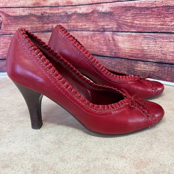 Hilary Radley Red Leather Pumps With Ruffles & Bow - Picture 2 of 16